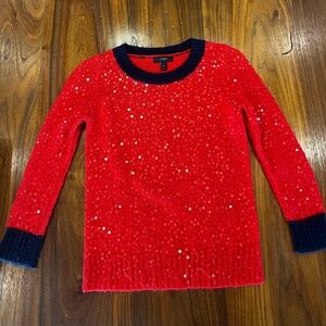 J. Crew Red Poppy Sequin and Navy Trimmed Sweater